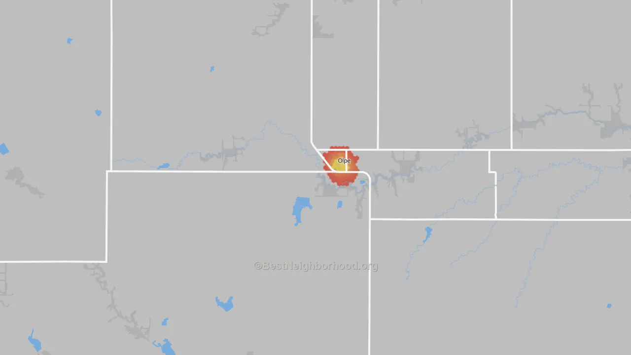 Walk Grade map of 66865, KS, walkable areas in green and car-dependent areas in red