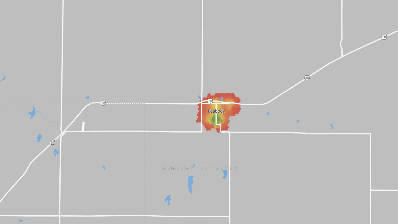 Walk Grade map of 66866, KS, walkable areas in green and car-dependent areas in red