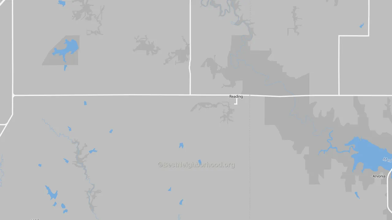 Walk Grade map of 66868, KS, walkable areas in green and car-dependent areas in red