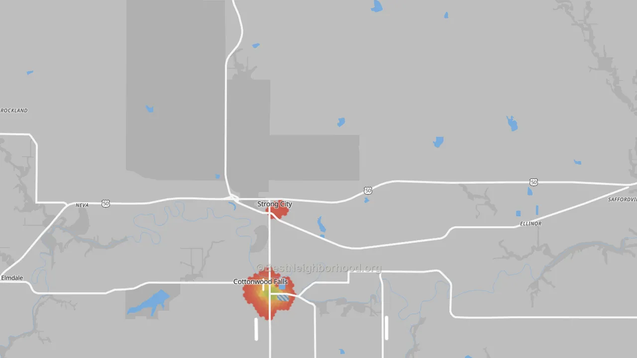 Walk Grade map of 66869, KS, walkable areas in green and car-dependent areas in red