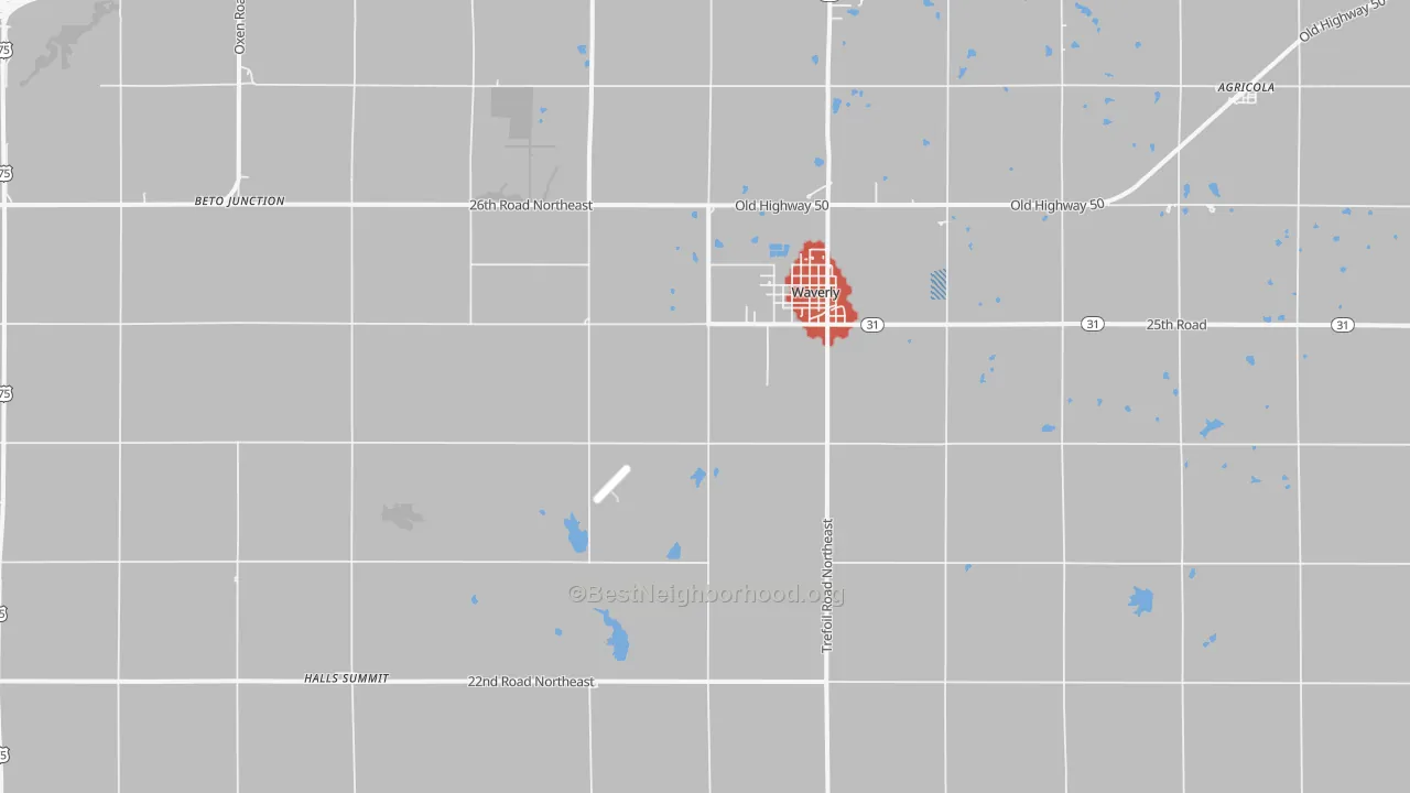 Walk Grade map of 66871, KS, walkable areas in green and car-dependent areas in red