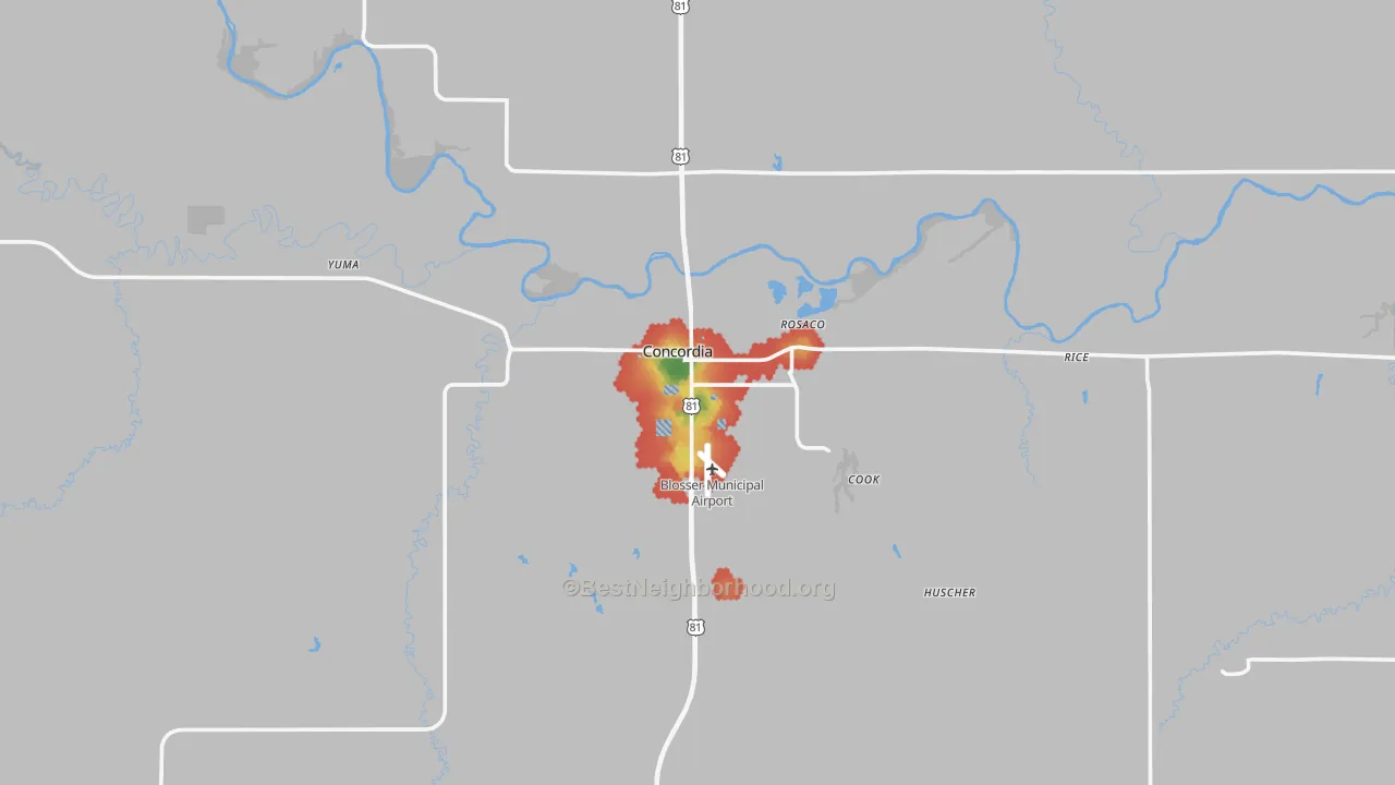 Walk Grade map of 66901, KS, walkable areas in green and car-dependent areas in red