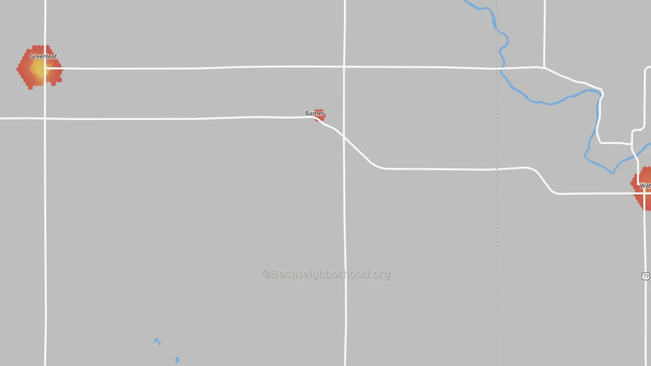Walk Grade map of 66933, KS, walkable areas in green and car-dependent areas in red