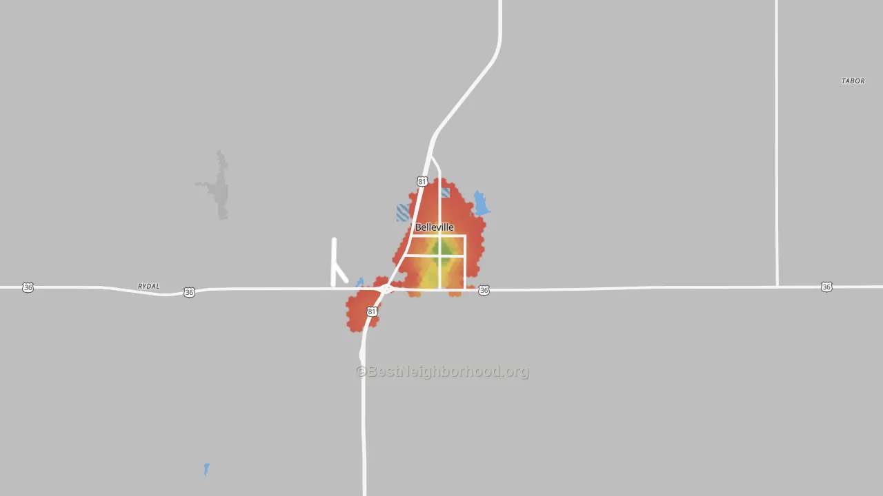 Walk Grade map of 66935, KS, walkable areas in green and car-dependent areas in red