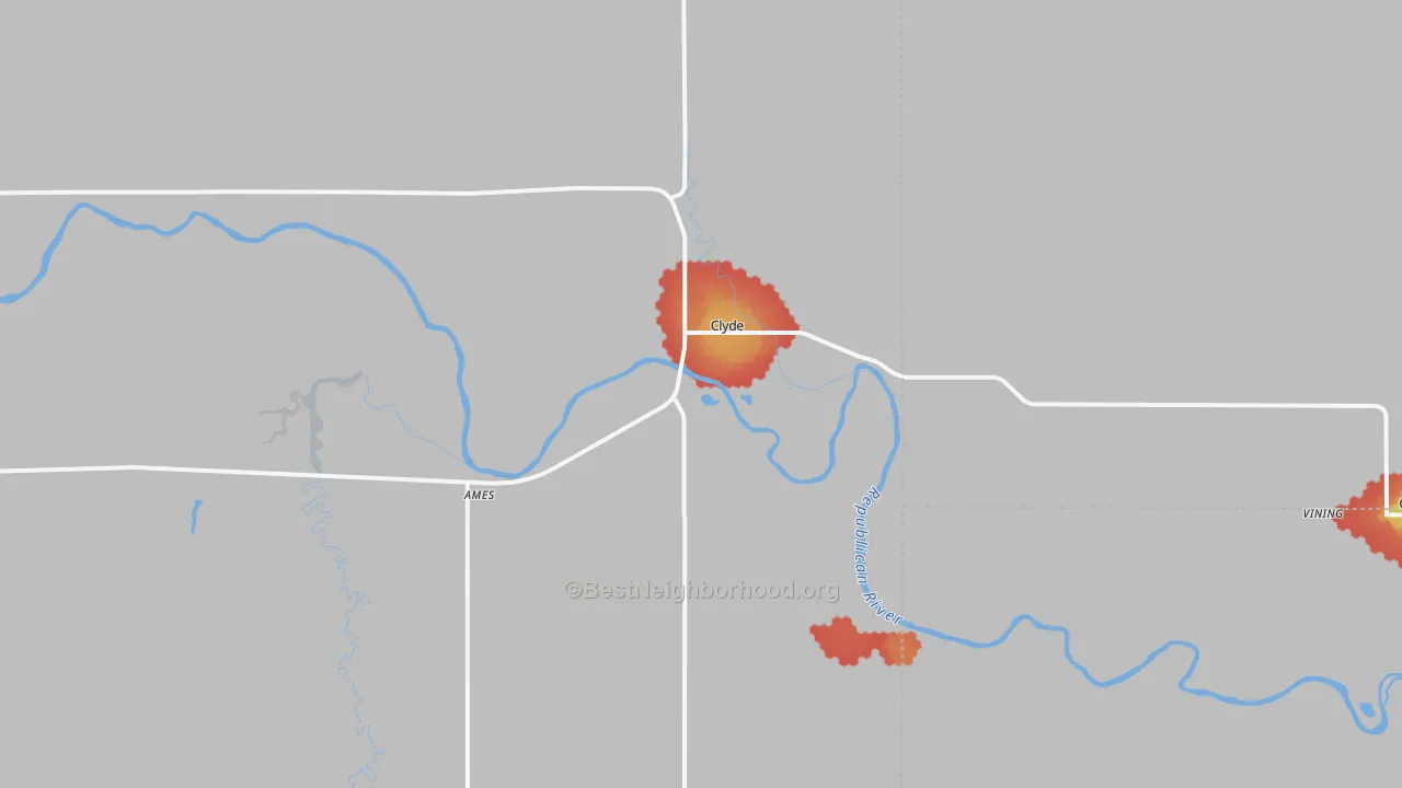 Walk Grade map of 66938, KS, walkable areas in green and car-dependent areas in red