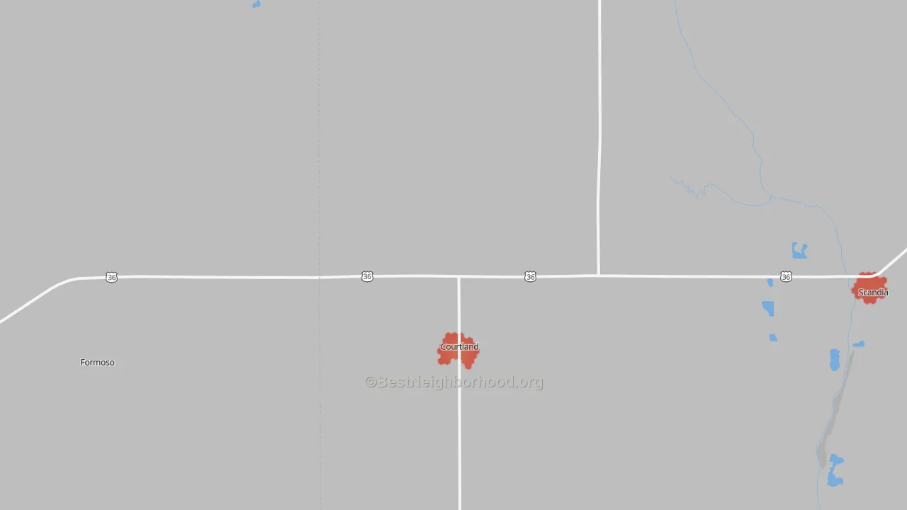 Walk Grade map of 66939, KS, walkable areas in green and car-dependent areas in red