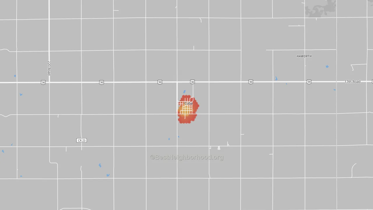 Walk Grade map of 66940, KS, walkable areas in green and car-dependent areas in red
