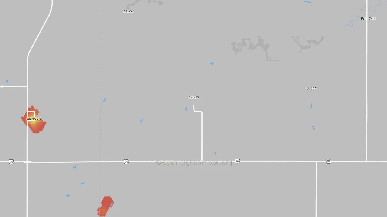 Walk Grade map of 66941, KS, walkable areas in green and car-dependent areas in red