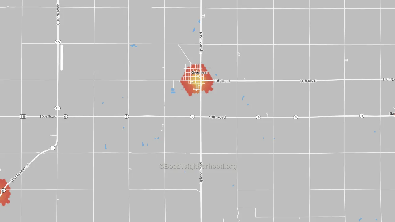 Walk Grade map of 66943, KS, walkable areas in green and car-dependent areas in red