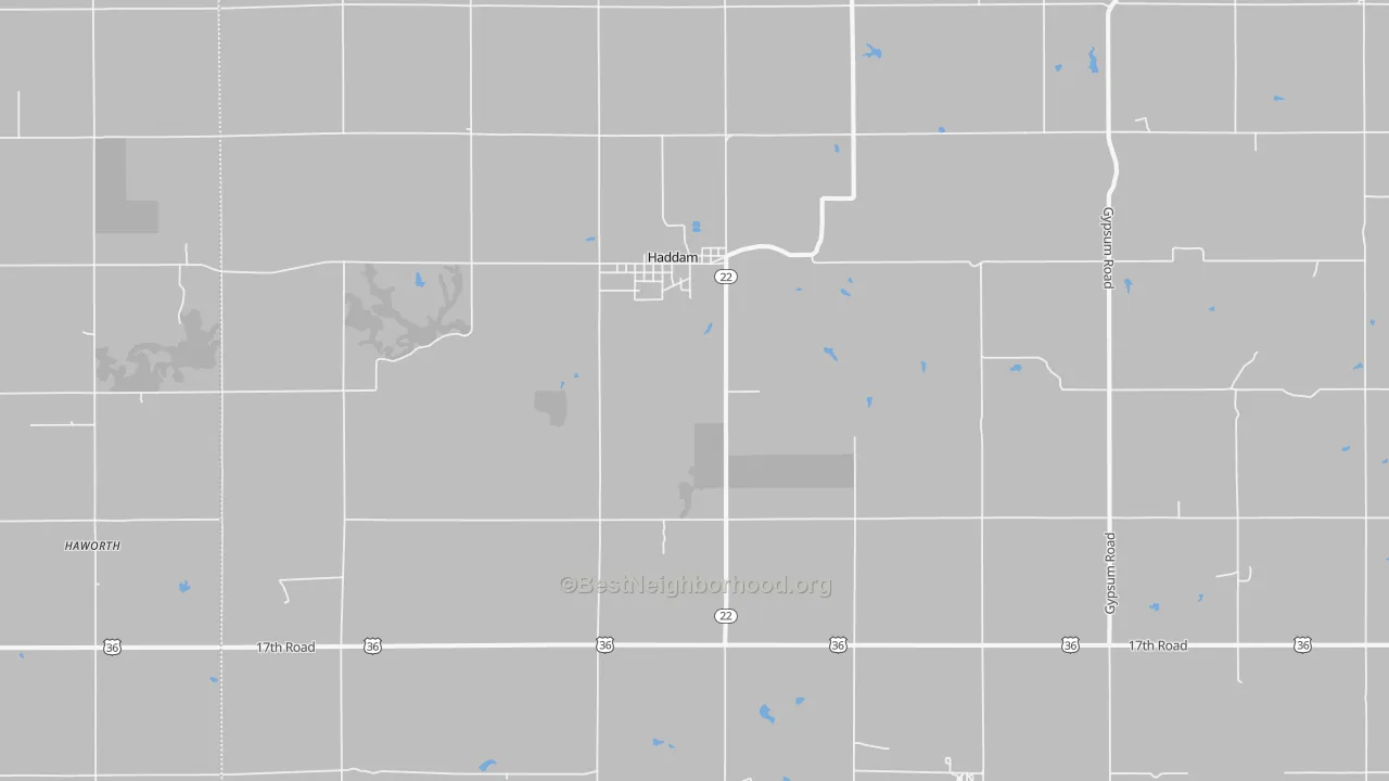 Walk Grade map of 66944, KS, walkable areas in green and car-dependent areas in red