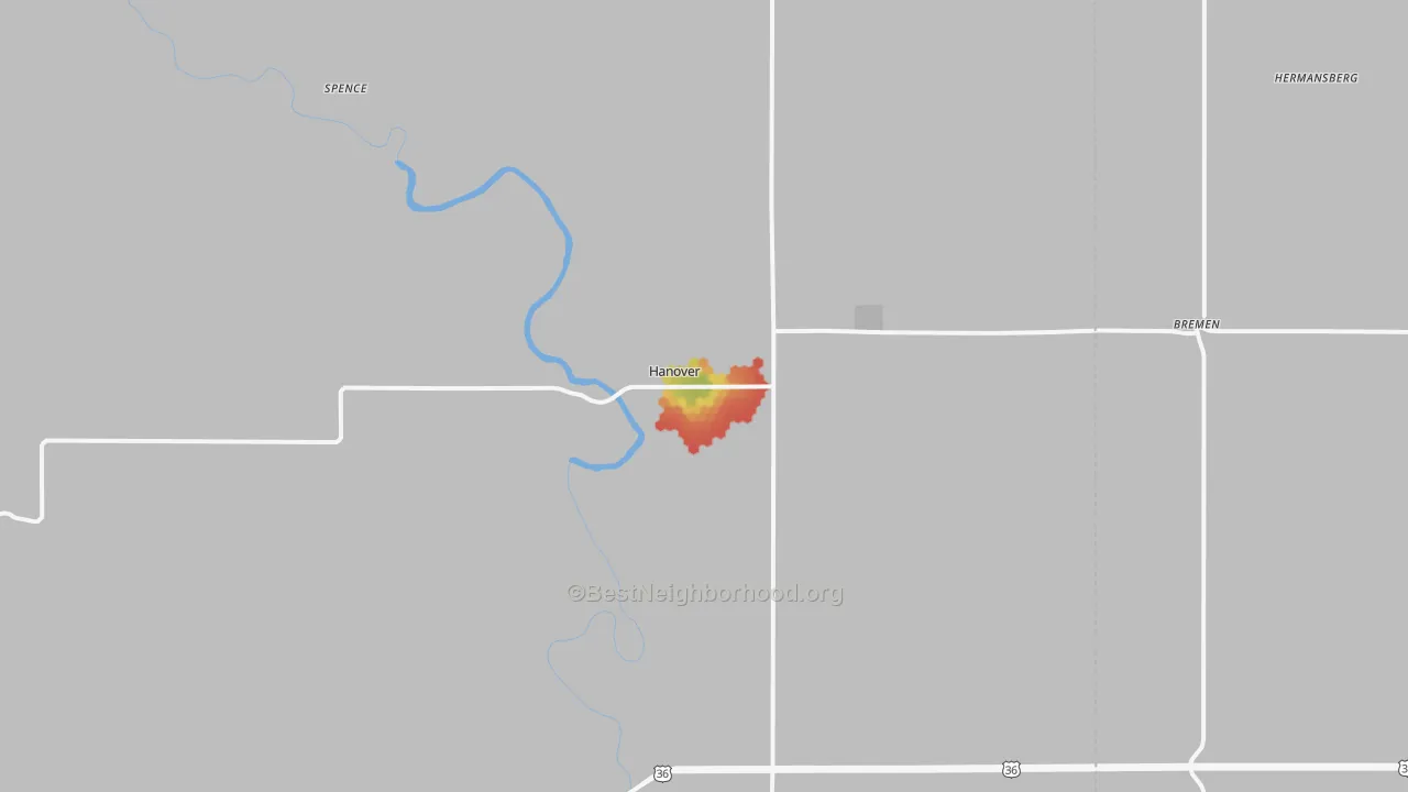 Walk Grade map of 66945, KS, walkable areas in green and car-dependent areas in red