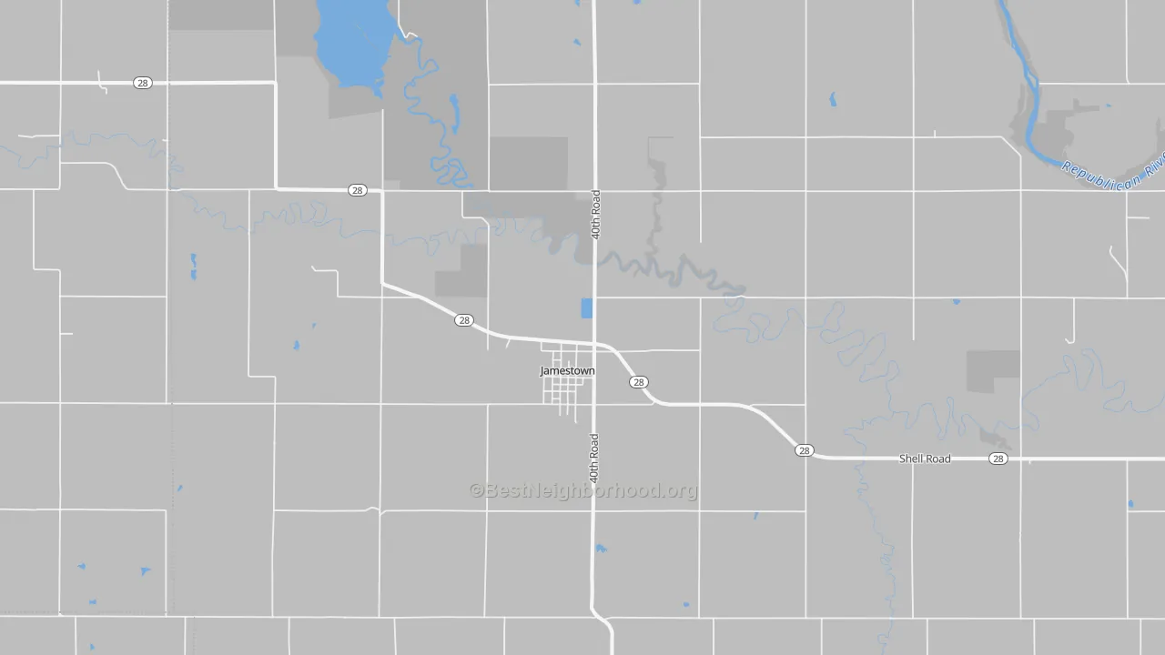 Walk Grade map of 66948, KS, walkable areas in green and car-dependent areas in red
