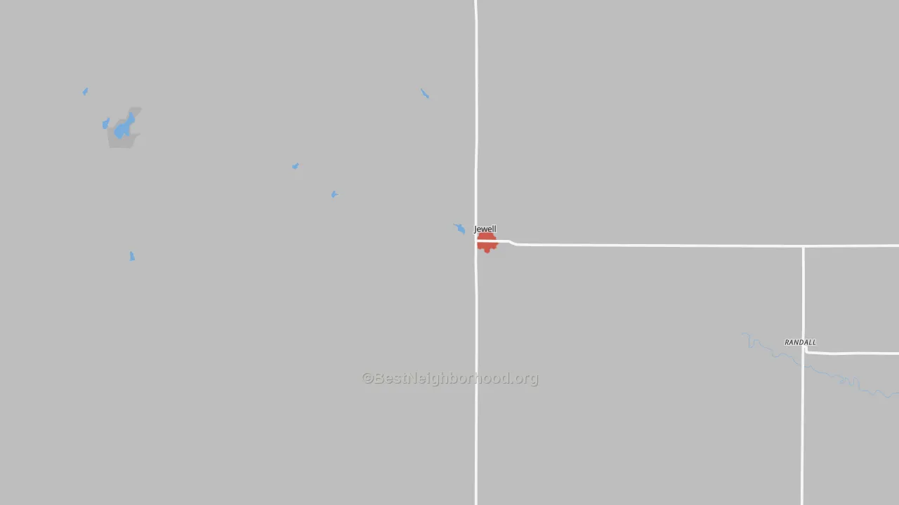 Walk Grade map of 66949, KS, walkable areas in green and car-dependent areas in red