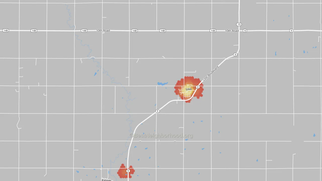 Walk Grade map of 66953, KS, walkable areas in green and car-dependent areas in red