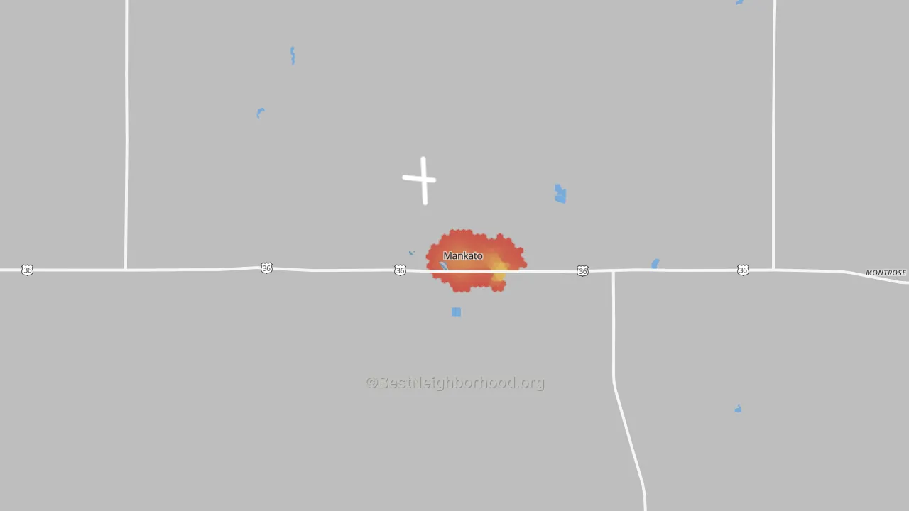 Walk Grade map of 66956, KS, walkable areas in green and car-dependent areas in red