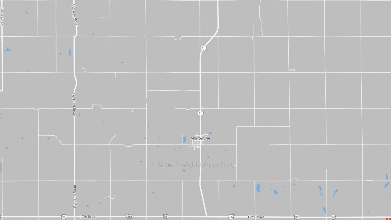 Walk Grade map of 66958, KS, walkable areas in green and car-dependent areas in red