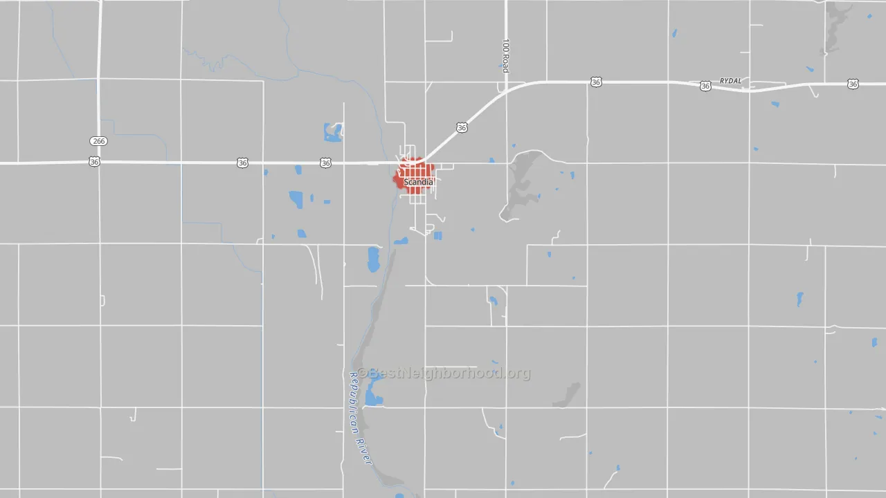 Walk Grade map of 66966, KS, walkable areas in green and car-dependent areas in red