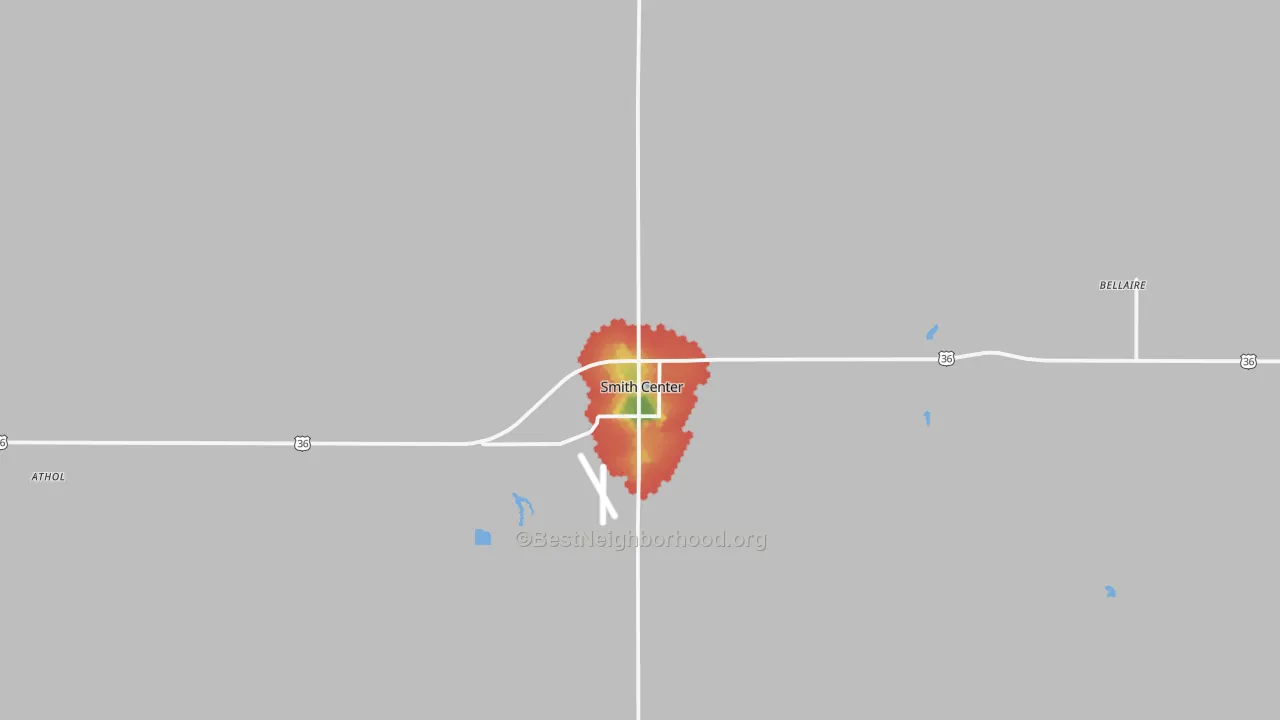 Walk Grade map of 66967, KS, walkable areas in green and car-dependent areas in red