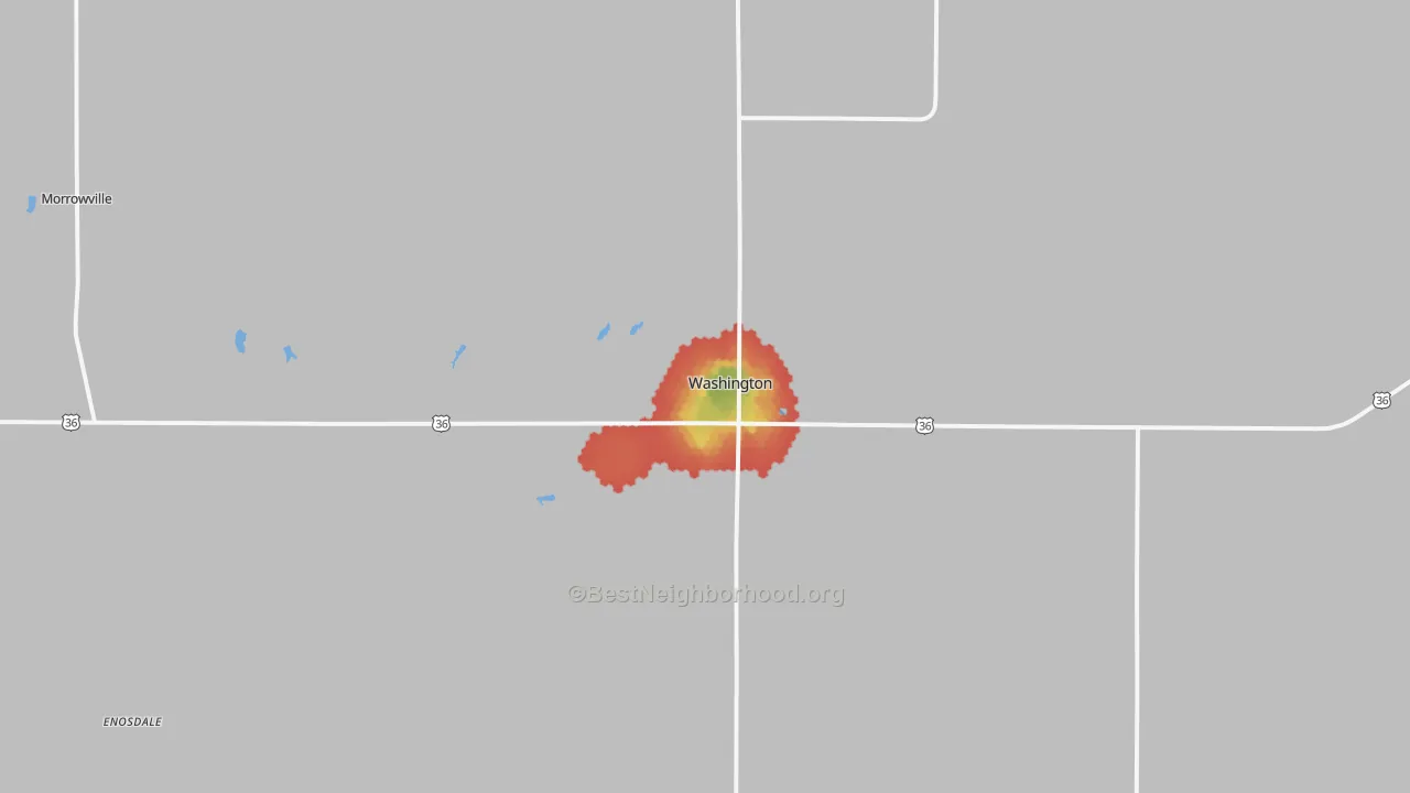 Walk Grade map of 66968, KS, walkable areas in green and car-dependent areas in red