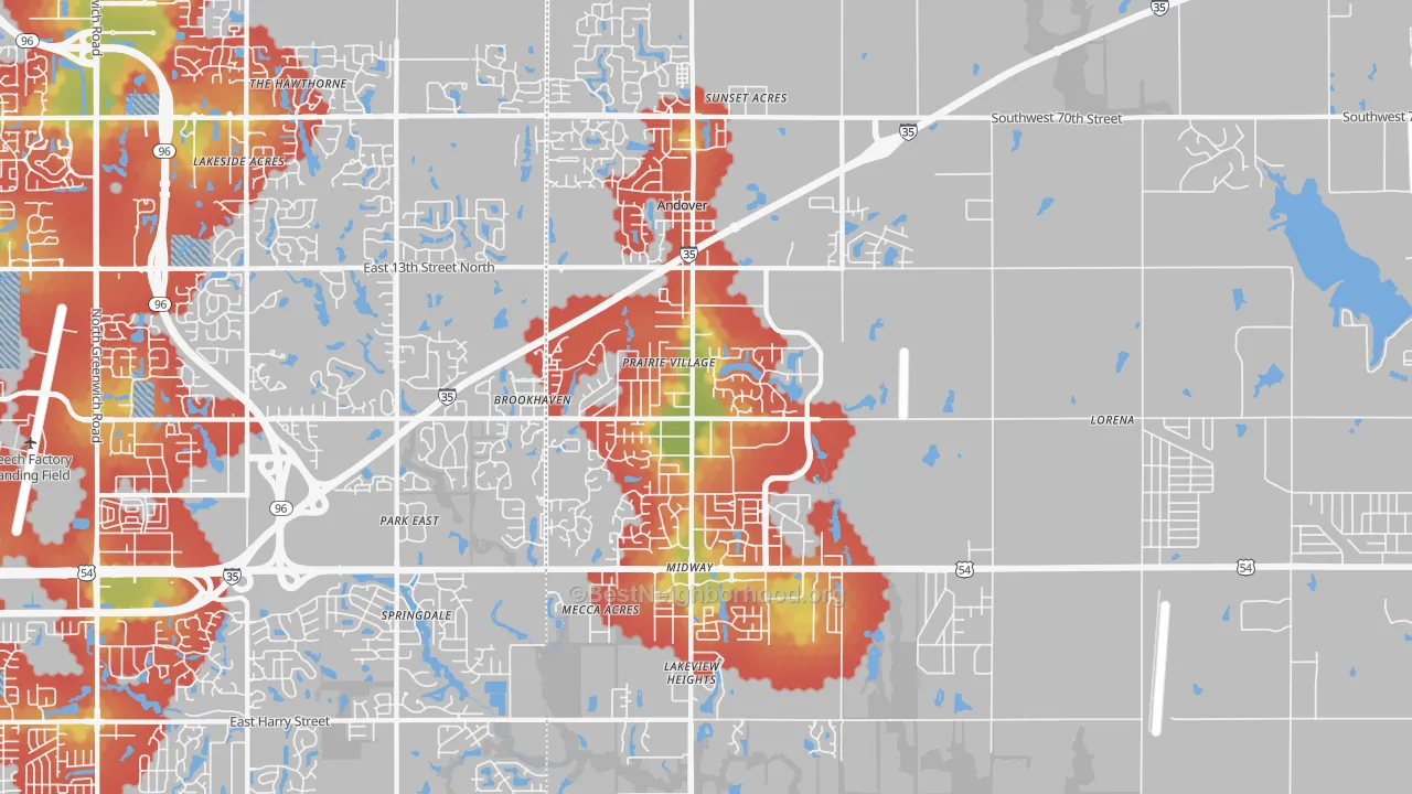 Walk Grade map of 67002, KS, walkable areas in green and car-dependent areas in red
