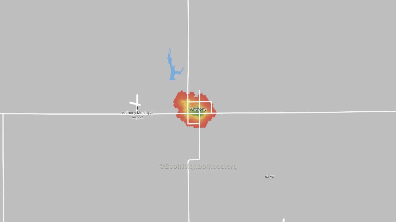 Walk Grade map of 67003, KS, walkable areas in green and car-dependent areas in red