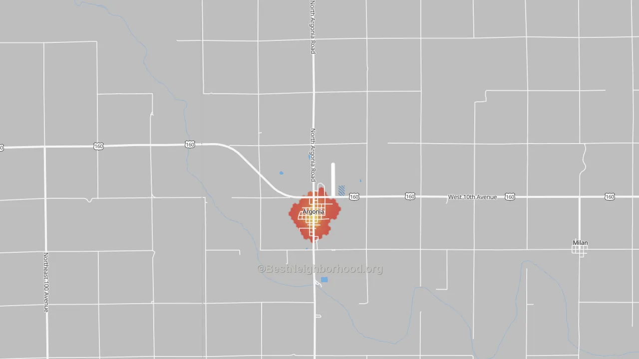 Walk Grade map of 67004, KS, walkable areas in green and car-dependent areas in red