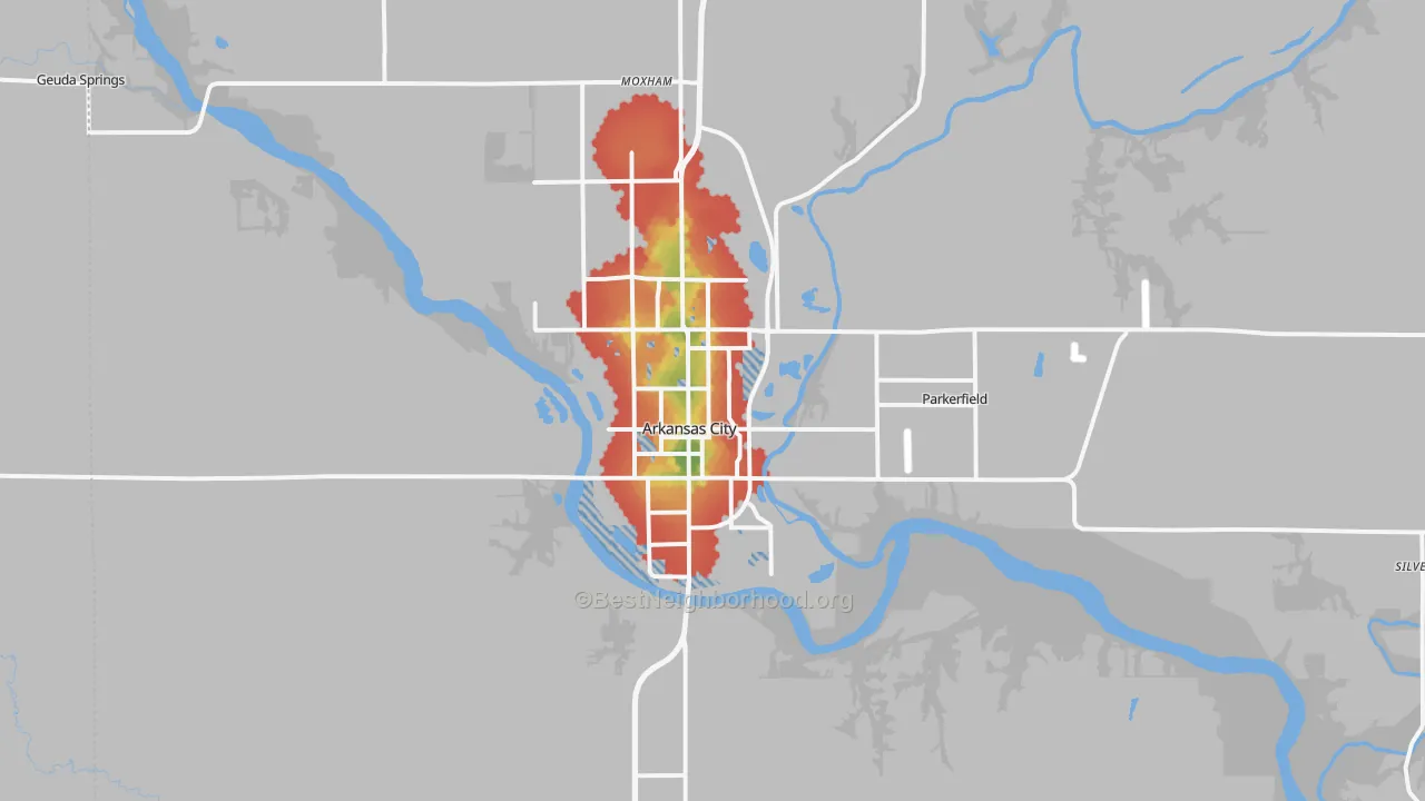 Walk Grade map of 67005, KS, walkable areas in green and car-dependent areas in red