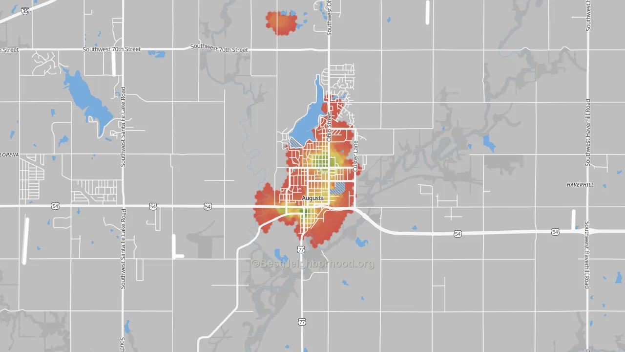 Walk Grade map of 67010, KS, walkable areas in green and car-dependent areas in red