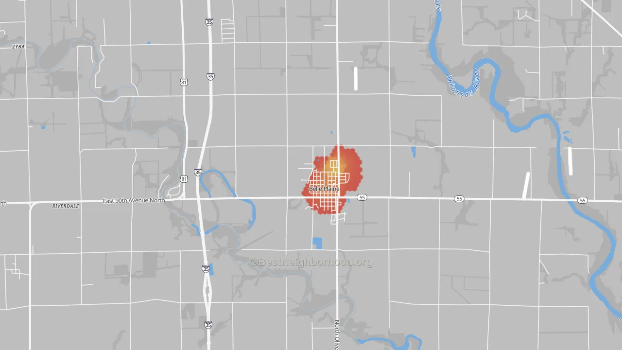 Walk Grade map of 67013, KS, walkable areas in green and car-dependent areas in red