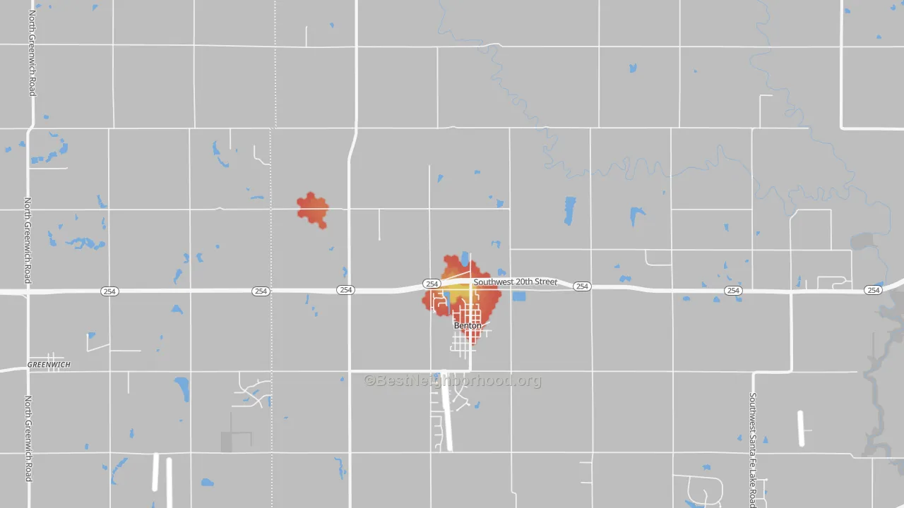 Walk Grade map of 67017, KS, walkable areas in green and car-dependent areas in red