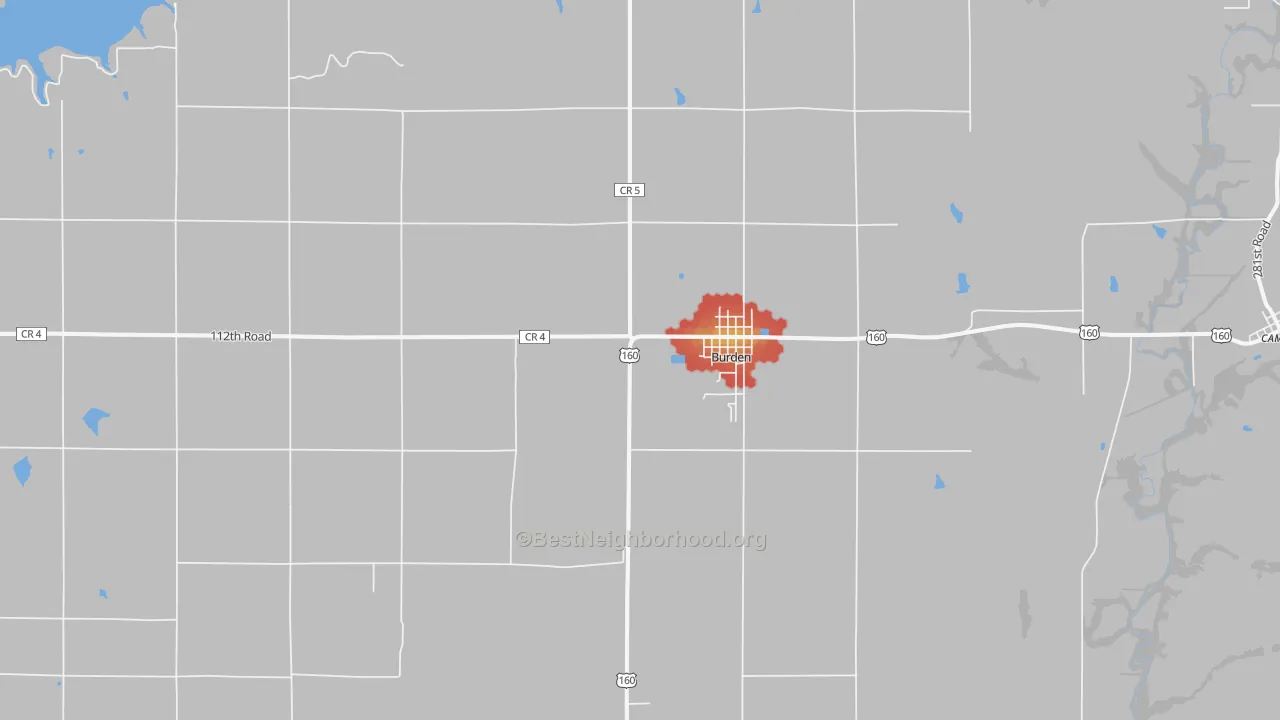 Walk Grade map of 67019, KS, walkable areas in green and car-dependent areas in red