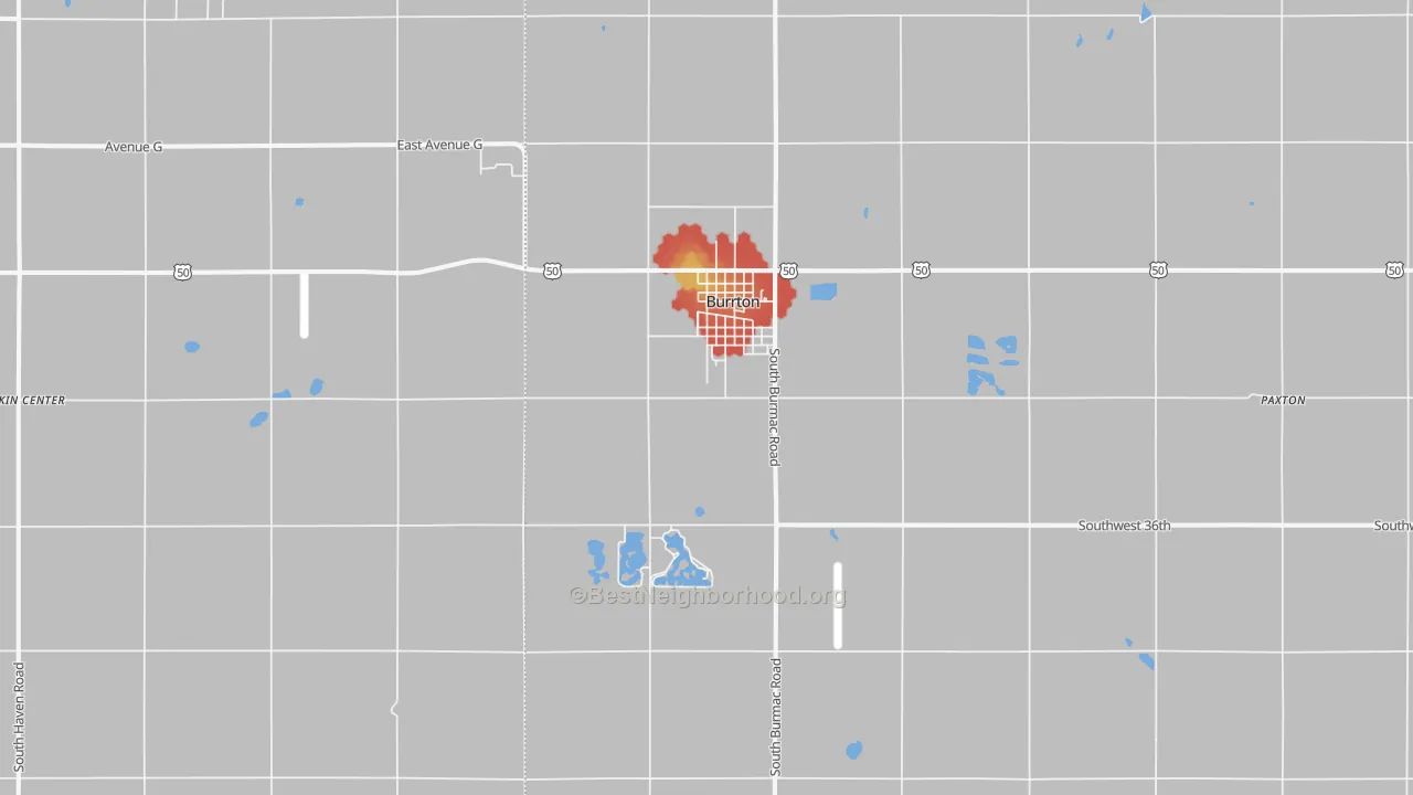 Walk Grade map of 67020, KS, walkable areas in green and car-dependent areas in red
