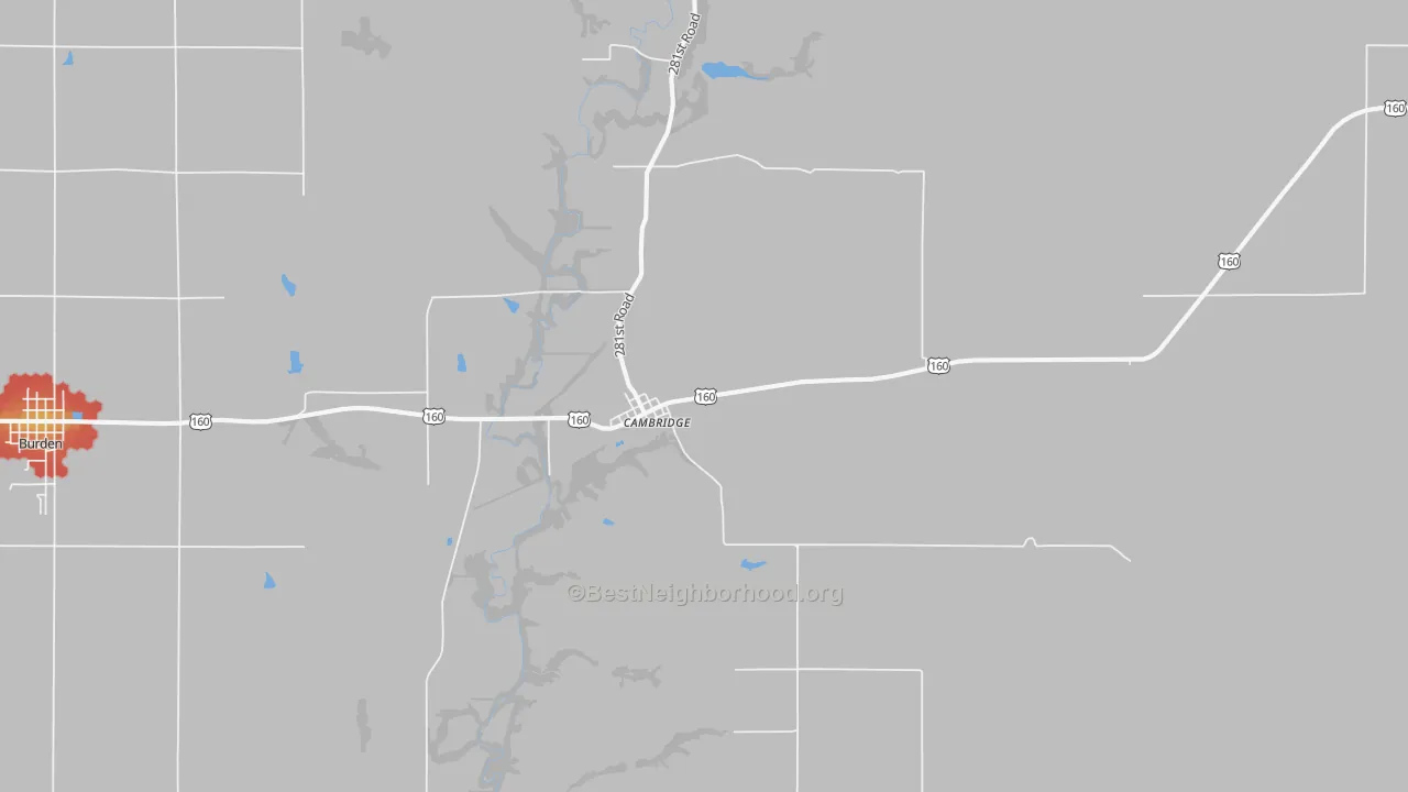 Walk Grade map of 67023, KS, walkable areas in green and car-dependent areas in red