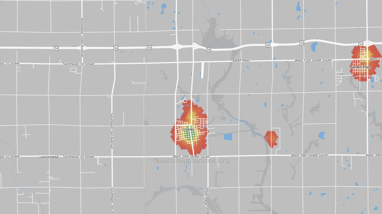 Walk Grade map of 67025, KS, walkable areas in green and car-dependent areas in red