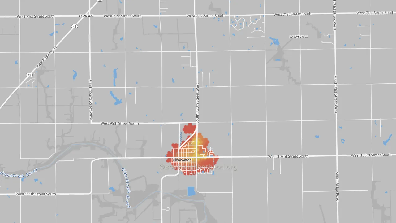 Walk Grade map of 67026, KS, walkable areas in green and car-dependent areas in red