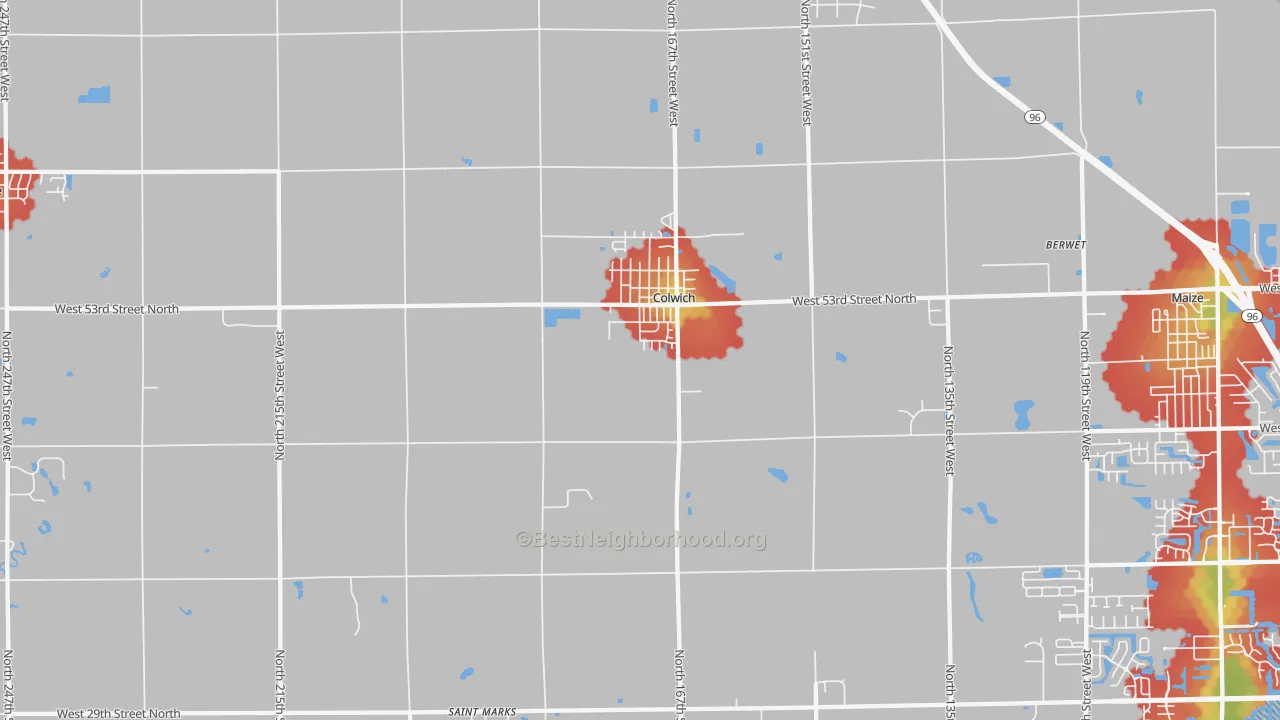 Walk Grade map of 67030, KS, walkable areas in green and car-dependent areas in red
