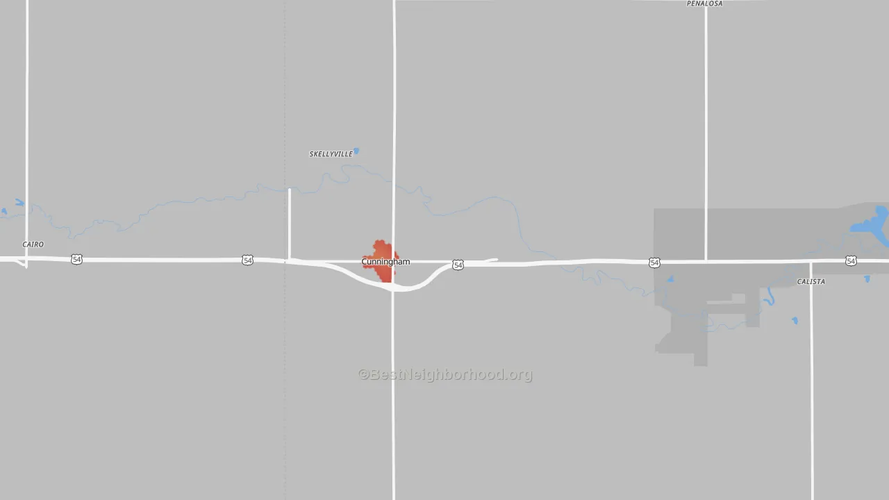 Walk Grade map of 67035, KS, walkable areas in green and car-dependent areas in red