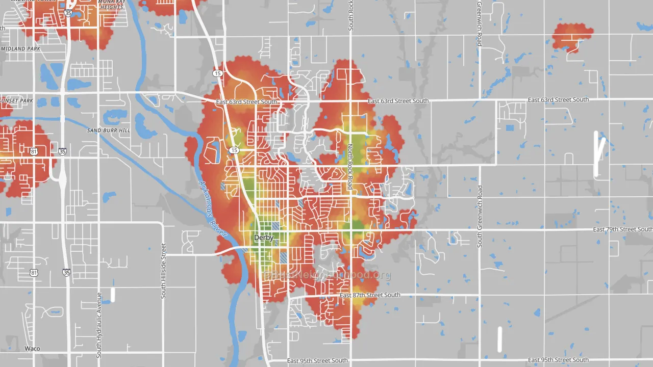 Walk Grade map of 67037, KS, walkable areas in green and car-dependent areas in red