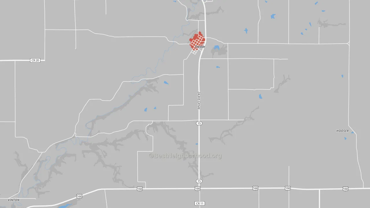 Walk Grade map of 67038, KS, walkable areas in green and car-dependent areas in red