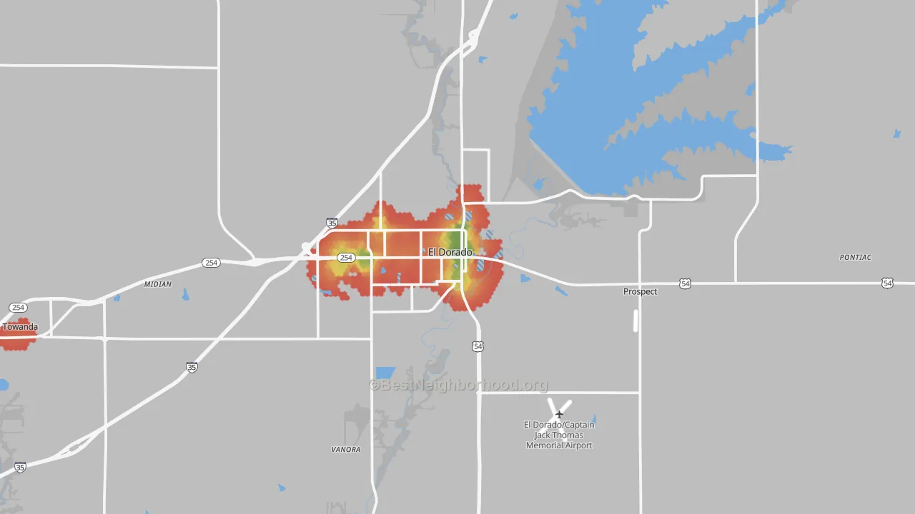 Walk Grade map of 67042, KS, walkable areas in green and car-dependent areas in red