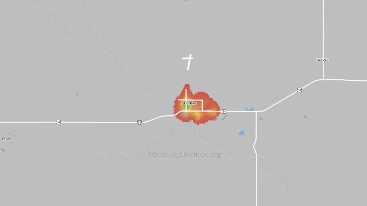 Walk Grade map of 67045, KS, walkable areas in green and car-dependent areas in red