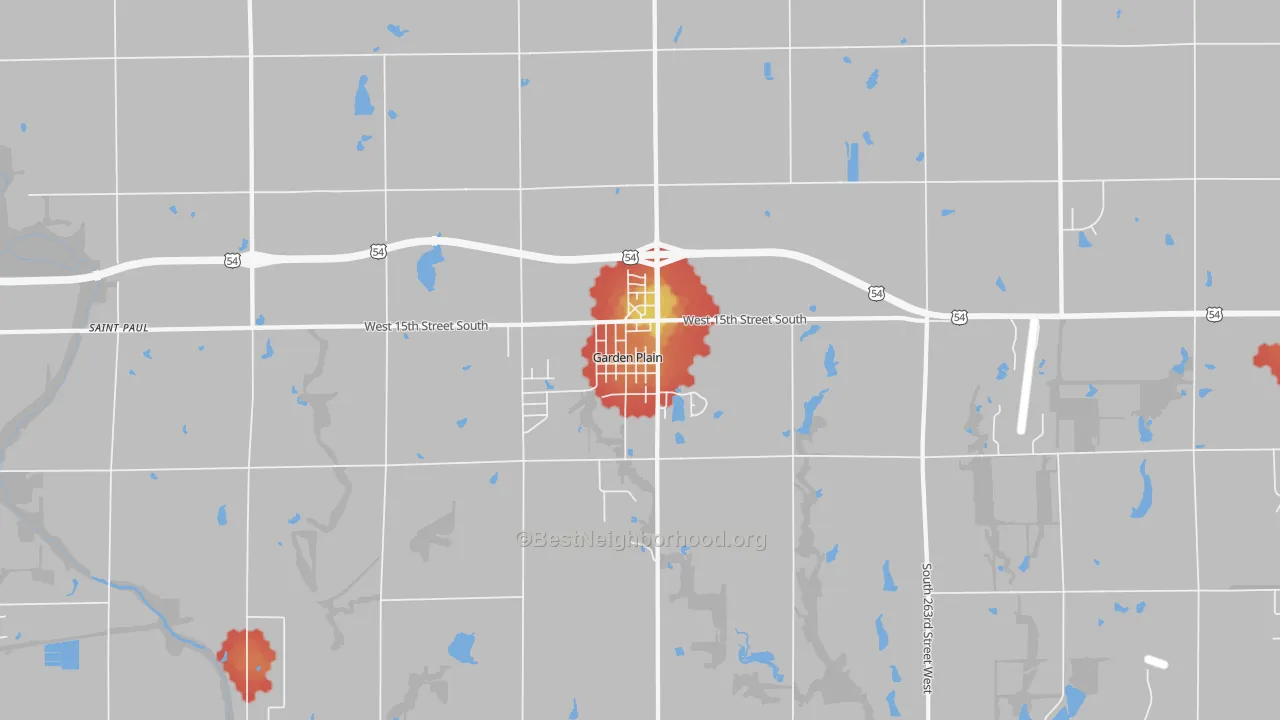 Walk Grade map of 67050, KS, walkable areas in green and car-dependent areas in red