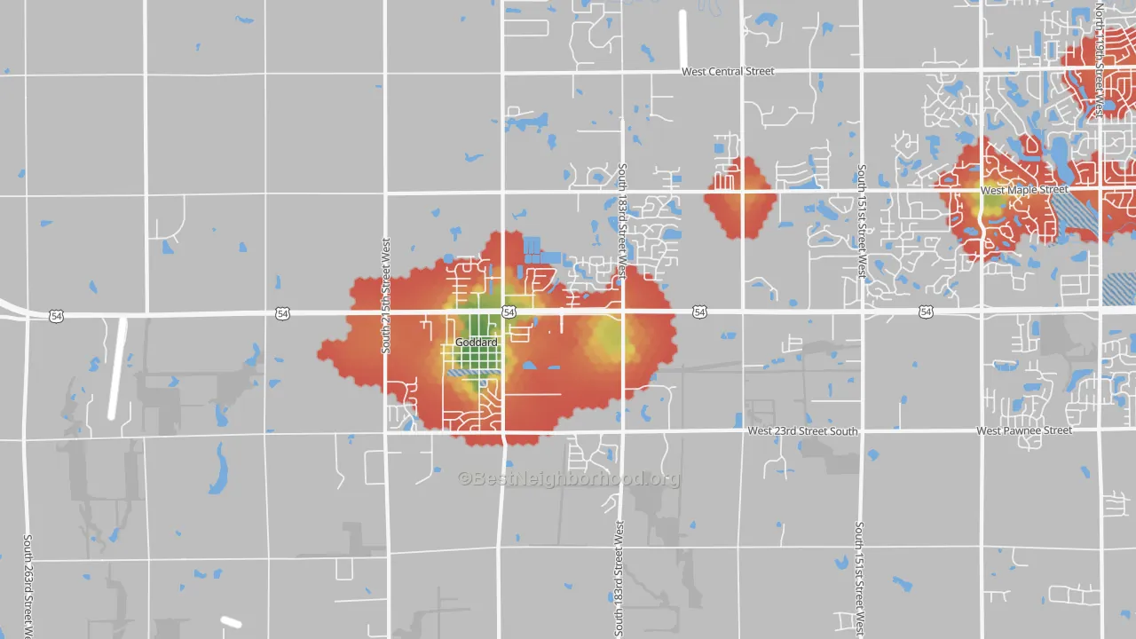 Walk Grade map of 67052, KS, walkable areas in green and car-dependent areas in red
