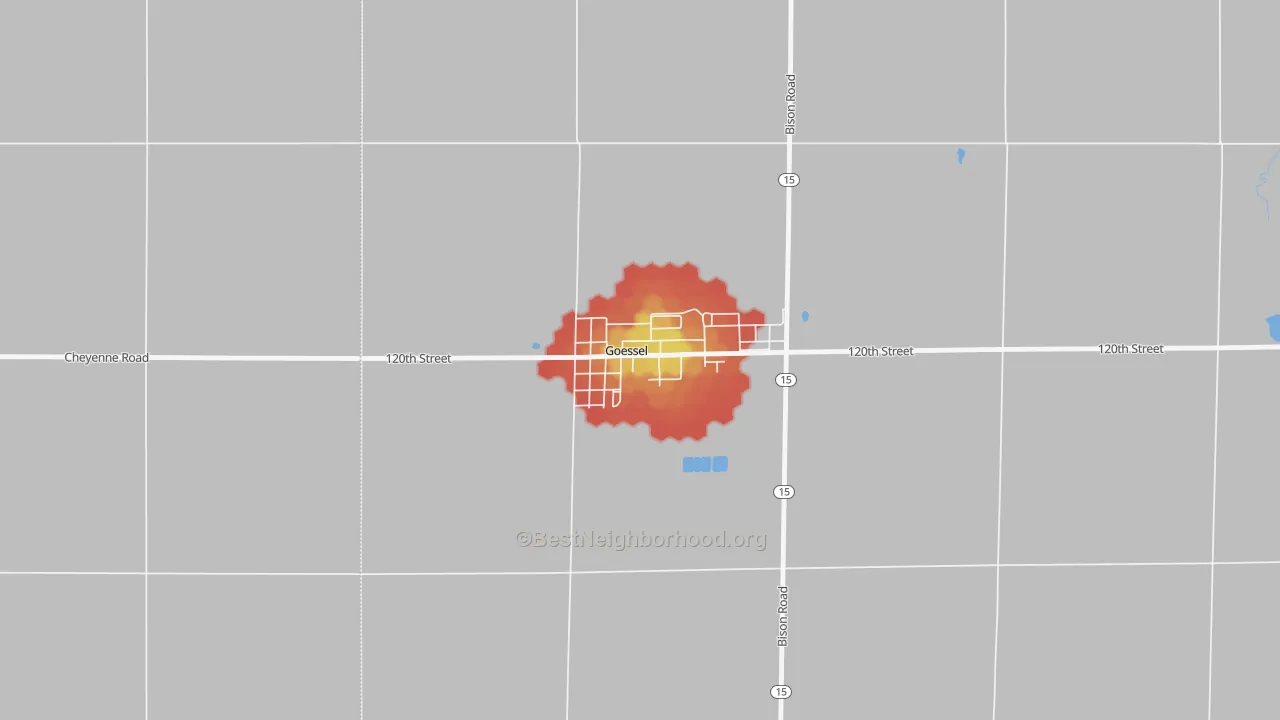 Walk Grade map of 67053, KS, walkable areas in green and car-dependent areas in red