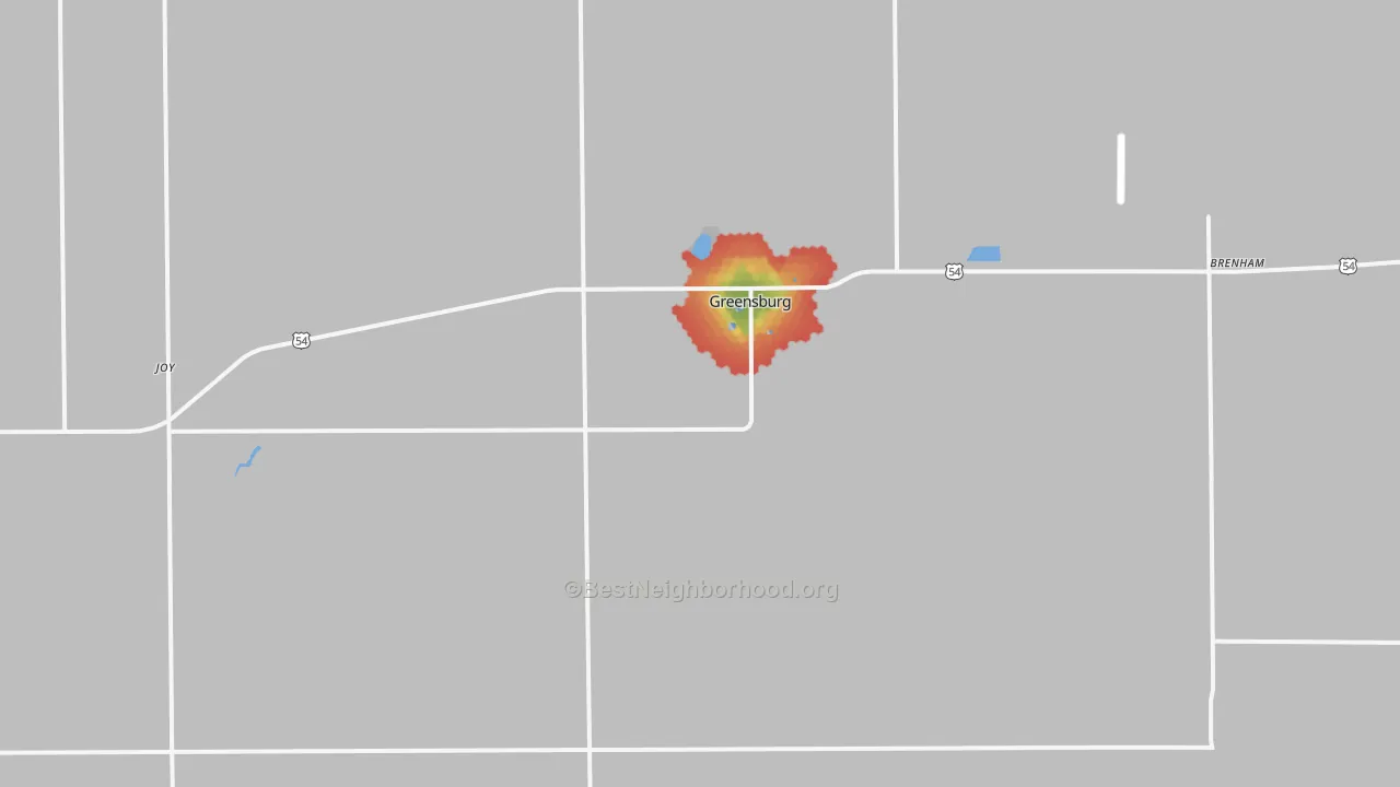 Walk Grade map of 67054, KS, walkable areas in green and car-dependent areas in red