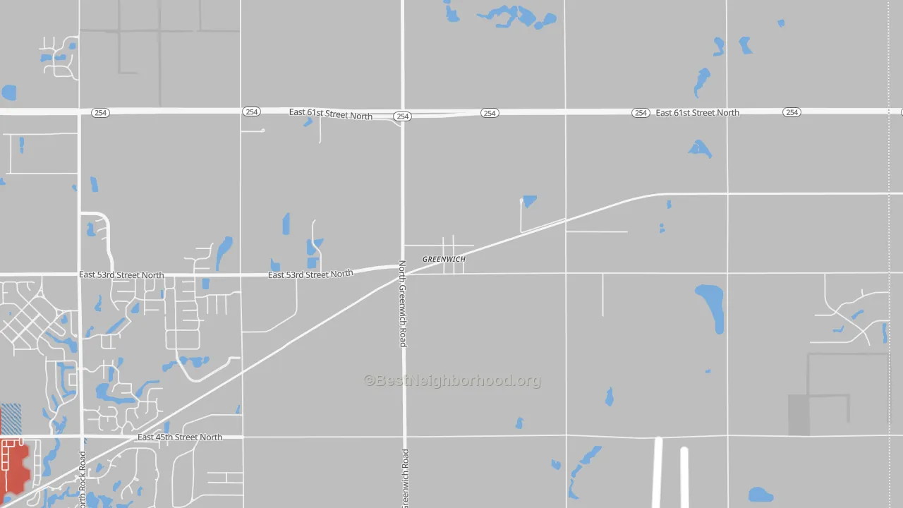 Walk Grade map of 67055, KS, walkable areas in green and car-dependent areas in red