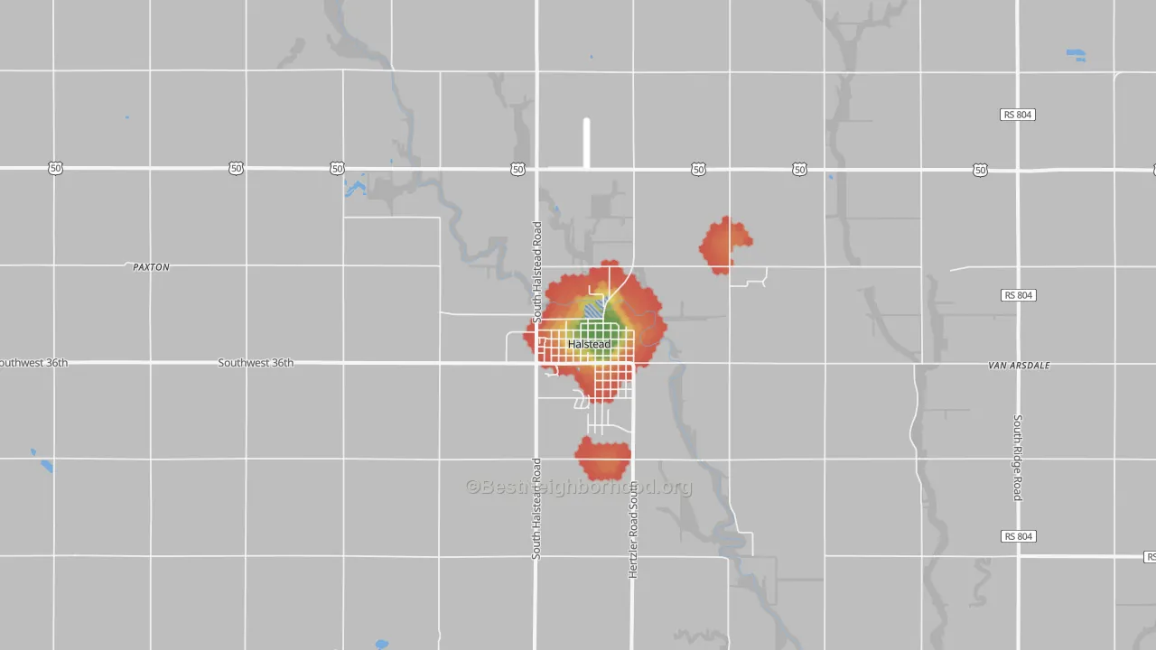 Walk Grade map of 67056, KS, walkable areas in green and car-dependent areas in red