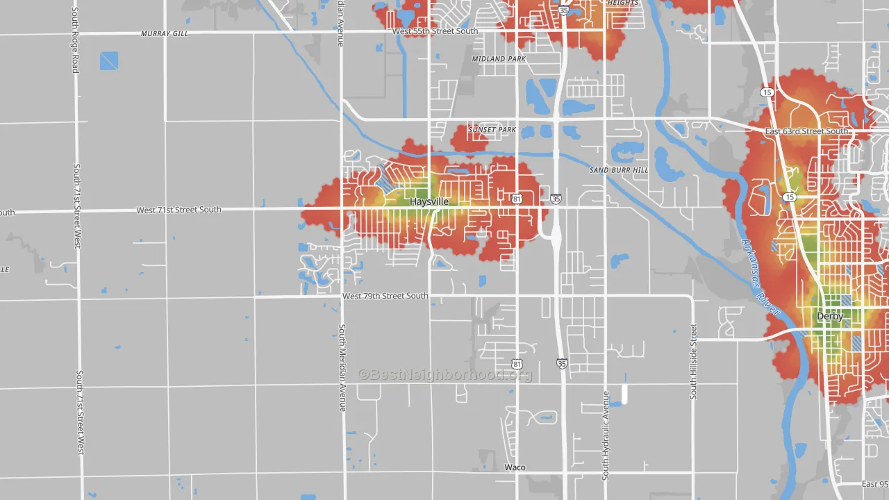 Walk Grade map of 67060, KS, walkable areas in green and car-dependent areas in red