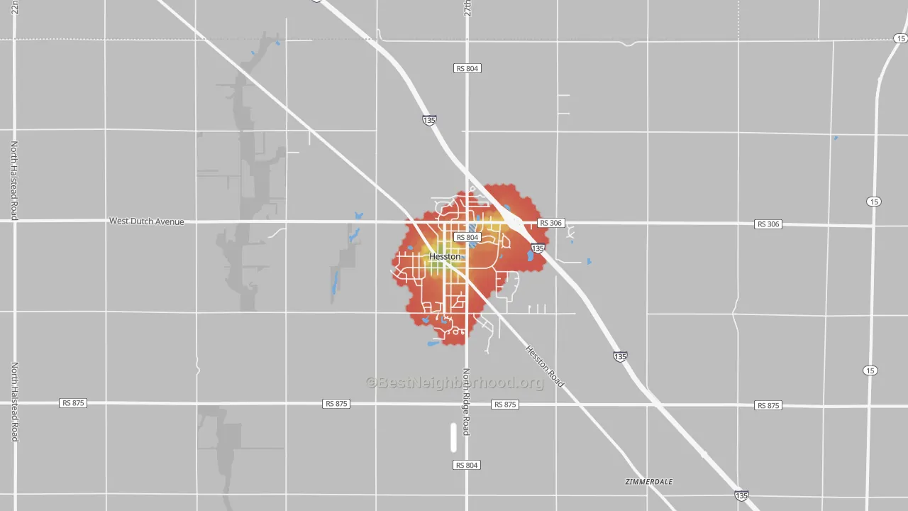 Walk Grade map of 67062, KS, walkable areas in green and car-dependent areas in red