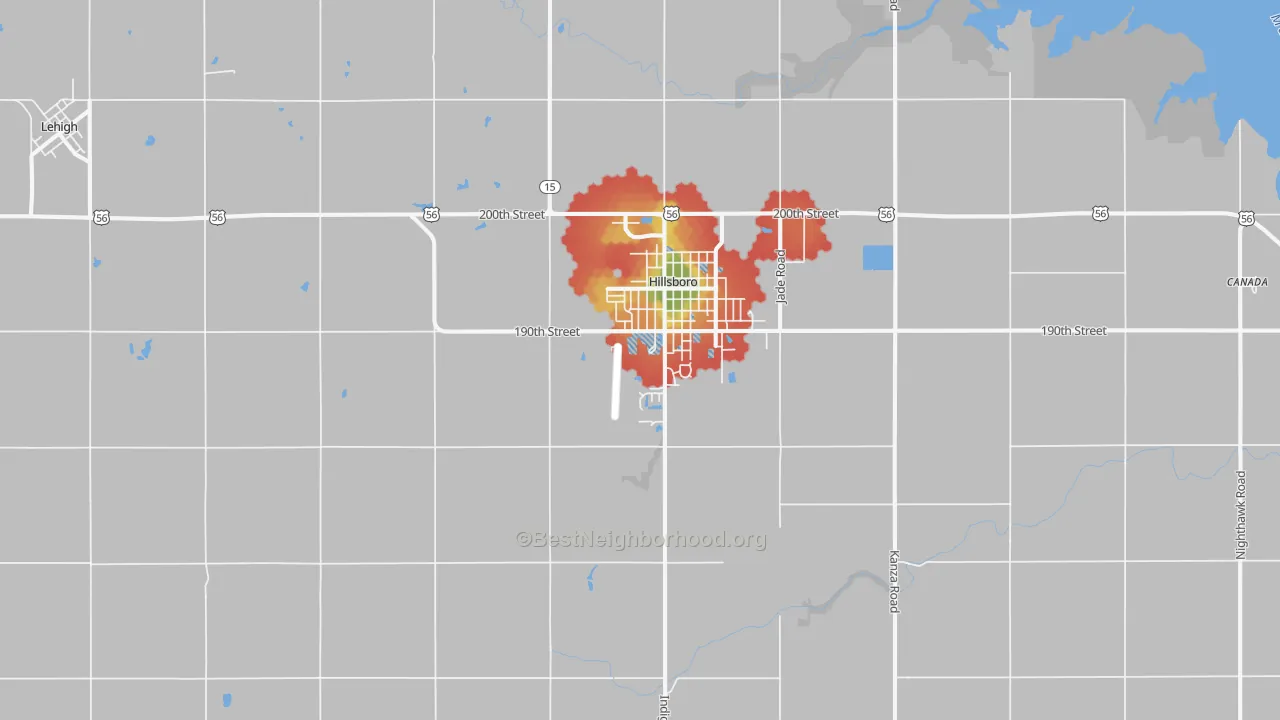Walk Grade map of 67063, KS, walkable areas in green and car-dependent areas in red